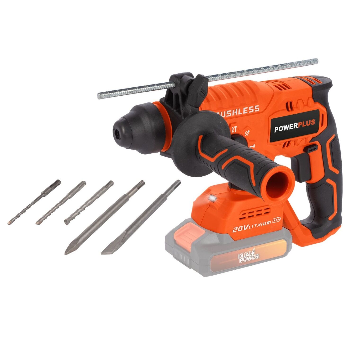 Masina de gaurit cu percutie (rotopercutanta) pe acumulatori, Powerplus POWDP15630, fara perii, 20V, 3j, 3 burghie, dalta si spit, nu contine acumulator si incarcator